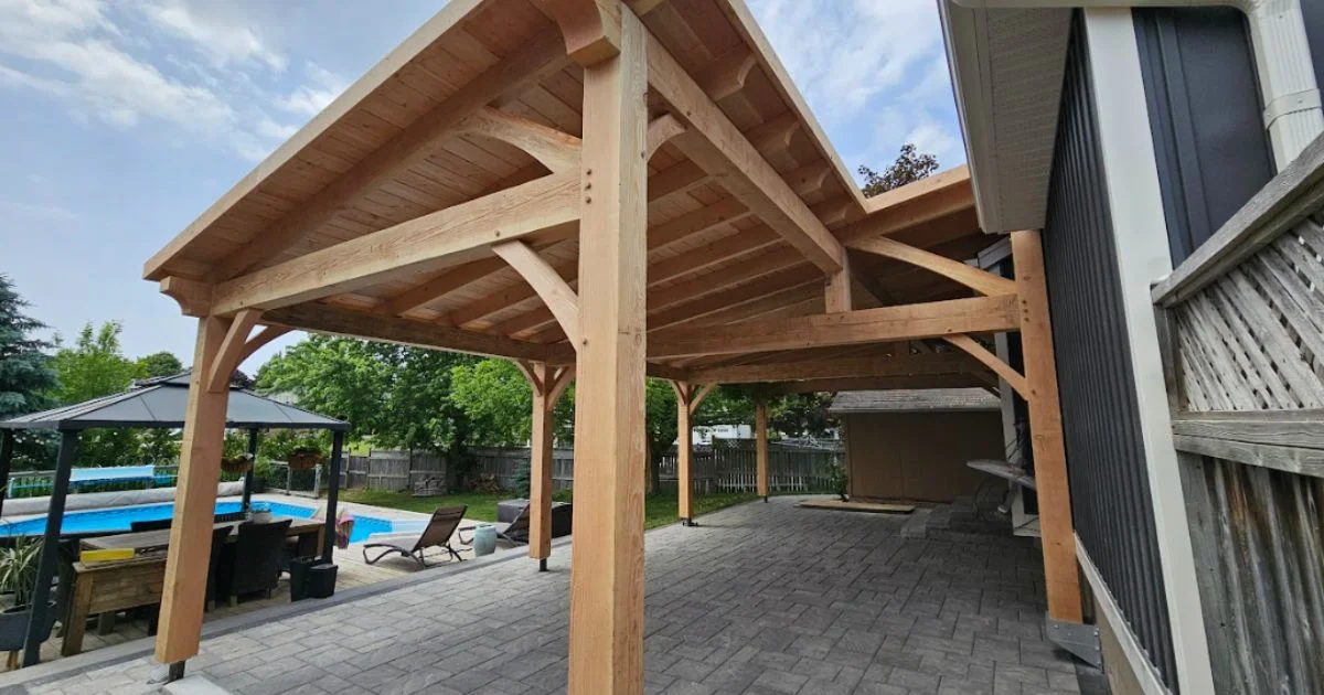 Large timber patio cover by pool